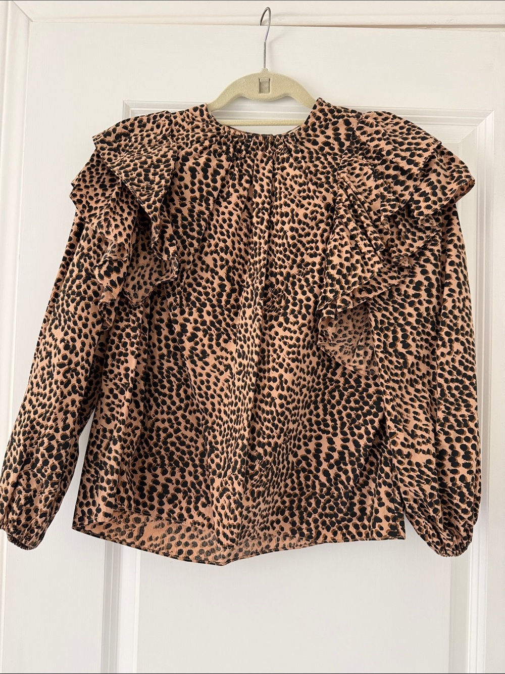 Ulla Johnson Tan and Black Ruffle-Yoke Animal Print Blouse